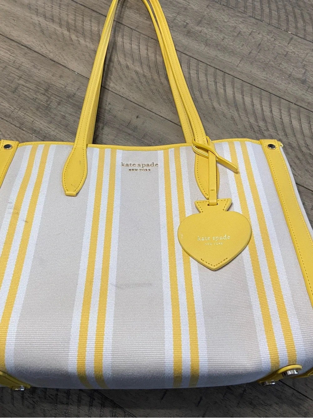 kate spade Yellow and Cream Striped Canvas Tote with Heart Charm
